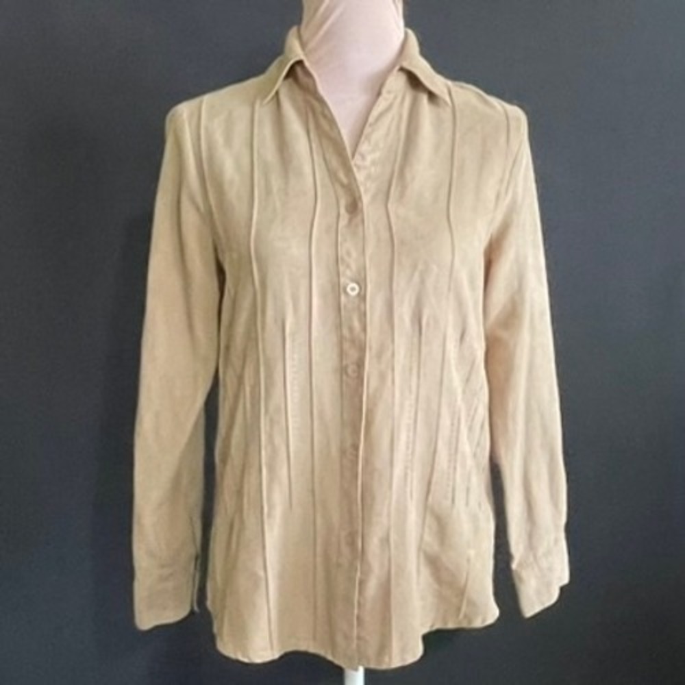 Notations Button Down Shirt Women Small Tan Good Pintuck Faux Suede MSDB0101 - Picture 9 of 9